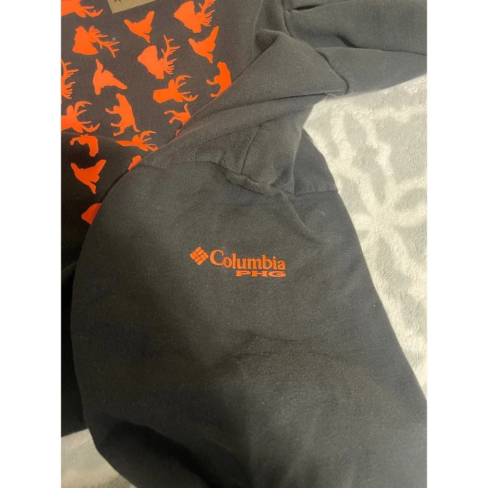 Columbia PHG Mens Hoodie Gray Blaze Orange Hunting Flag Graphic Size Large